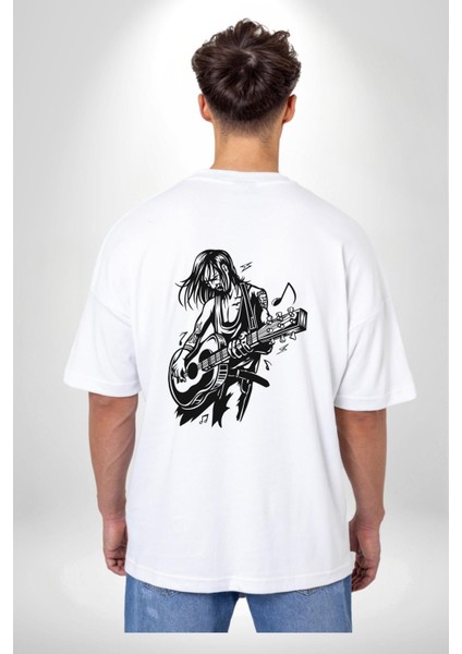 Rock N Rollcu Tarz Adam Kadın Erkek Ön Minimal Sırt Baskılı Beyaz Pamuklu Tişört indirimleri