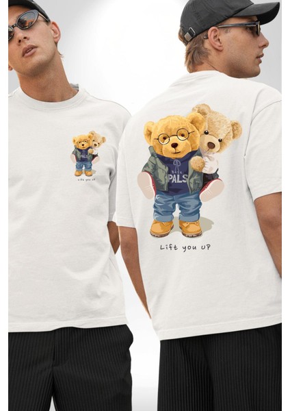 Tatlı Sevgililer Günü Oyuncak Ayı Kadın Erkek Ön Minimal Sırt Baskılı Beyaz Pamuklu Tişört