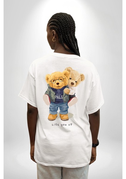 Tatlı Sevgililer Günü Oyuncak Ayı Kadın Erkek Ön Minimal Sırt Baskılı Beyaz Pamuklu Tişört fiyatları