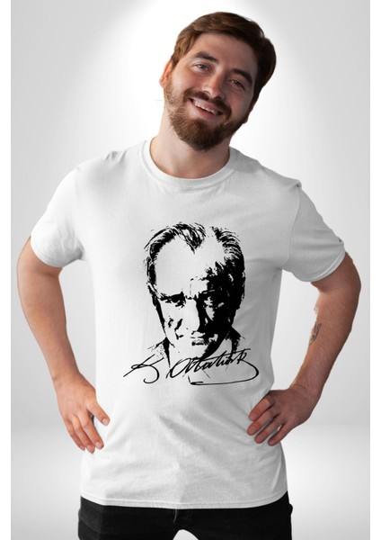 Mustafa Kemal Atatürk Imza ve Silüet Kadın Erkek Ön Baskılı Beyaz Pamuklu Tişört Penye Klasik fiyatları