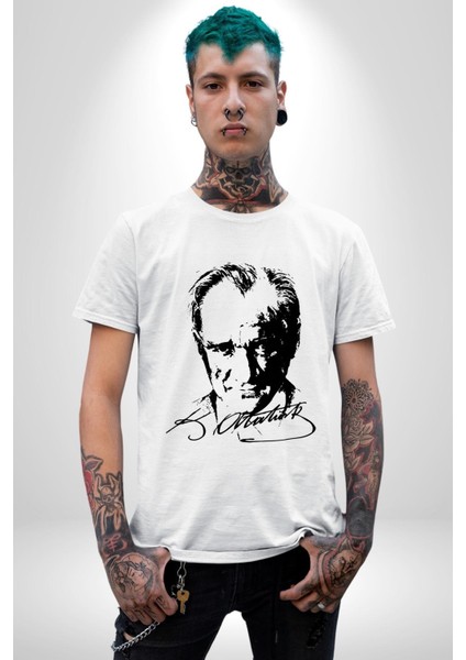 Mustafa Kemal Atatürk Imza ve Silüet Kadın Erkek Ön Baskılı Beyaz Pamuklu Tişört Penye Klasik fırsatları