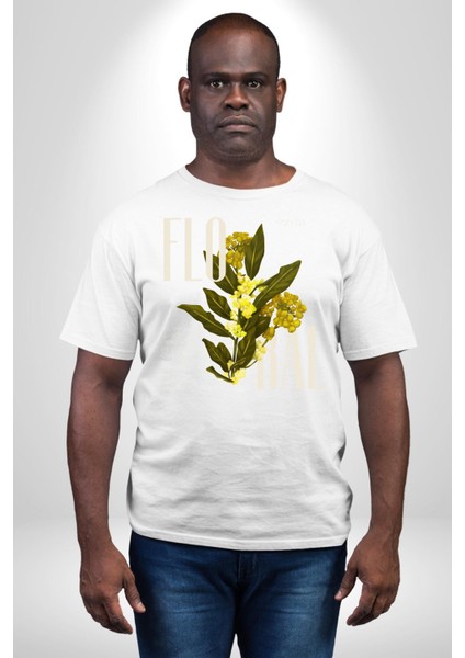 Modern Çiçek Tasarımı Kadın Erkek Ön Baskılı Beyaz Pamuklu Tişört Penye Klasik