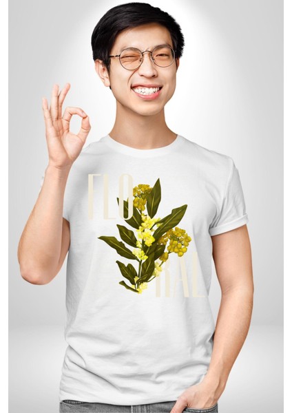 Modern Çiçek Tasarımı Kadın Erkek Ön Baskılı Beyaz Pamuklu Tişört Penye Klasik fırsatları