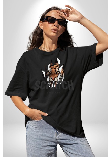 Yüzeyi Çizmek Kaplan Kadın Erkek Ön Baskılı Siyah Pamuklu Tişört Penye Klasik modelleri