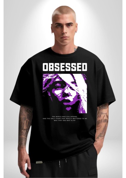 Takıntılı Havalı Kadın Kadın Erkek Ön Baskılı Siyah Pamuklu Tişört Penye Klasik