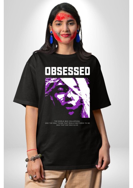 Takıntılı Havalı Kadın Kadın Erkek Ön Baskılı Siyah Pamuklu Tişört Penye Klasik modelleri