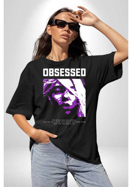 Takıntılı Havalı Kadın Kadın Erkek Ön Baskılı Siyah Pamuklu Tişört Penye Klasik fırsatları