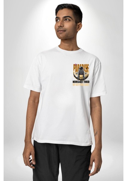 Kaybolmaktan Asla Bıkma Astronot Kadın Erkek Ön Minimal Sırt Baskılı Beyaz Pamuklu Tişört modelleri