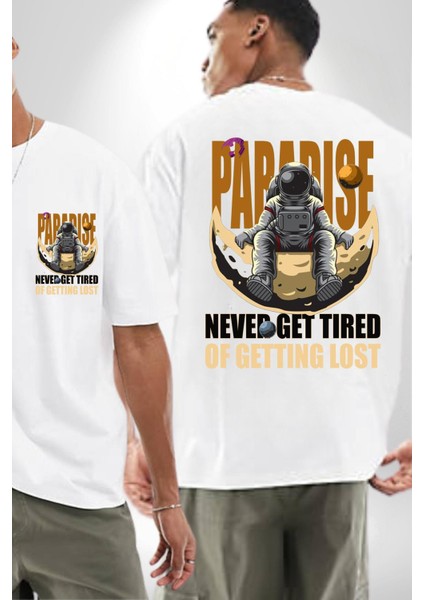 Kaybolmaktan Asla Bıkma Astronot Kadın Erkek Ön Minimal Sırt Baskılı Beyaz Pamuklu Tişört fırsatları