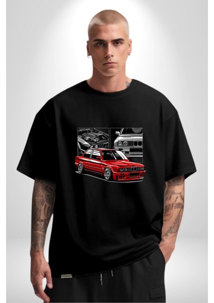 Efsanevi Japon Arabası Kadın Erkek Ön Baskılı Siyah Pamuklu Tişört Penye Klasik indirimleri