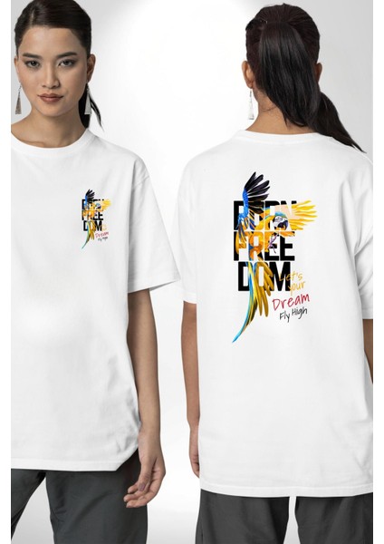Doğuştan Özgürlük Papağan Yaz Stili Kadın Erkek Ön Minimal Sırt Baskılı Beyaz Pamuklu Tişört