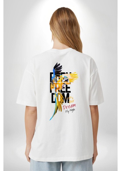 Doğuştan Özgürlük Papağan Yaz Stili Kadın Erkek Ön Minimal Sırt Baskılı Beyaz Pamuklu Tişört fiyatları