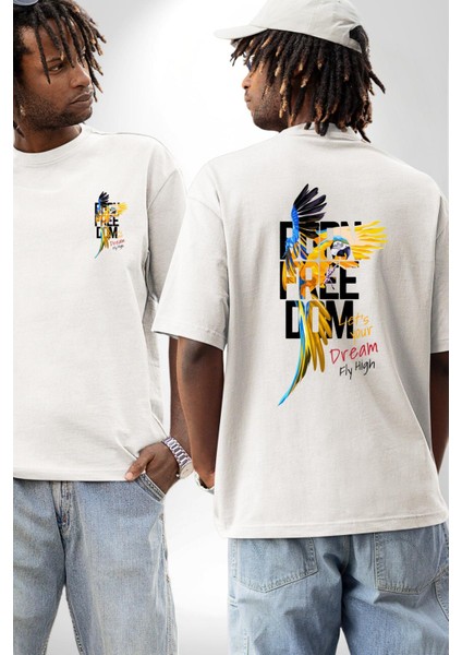 Doğuştan Özgürlük Papağan Yaz Stili Kadın Erkek Ön Minimal Sırt Baskılı Beyaz Pamuklu Tişört fırsatları