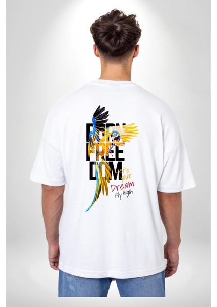 Doğuştan Özgürlük Papağan Yaz Stili Kadın Erkek Ön Minimal Sırt Baskılı Beyaz Pamuklu Tişört indirimleri