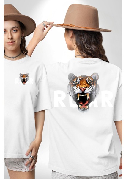 Kükreyen Kaplan Roar Kadın Erkek Ön Minimal Sırt Baskılı Beyaz Pamuklu Tişört