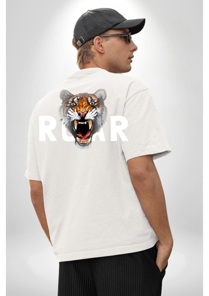 Kükreyen Kaplan Roar Kadın Erkek Ön Minimal Sırt Baskılı Beyaz Pamuklu Tişört fiyatları