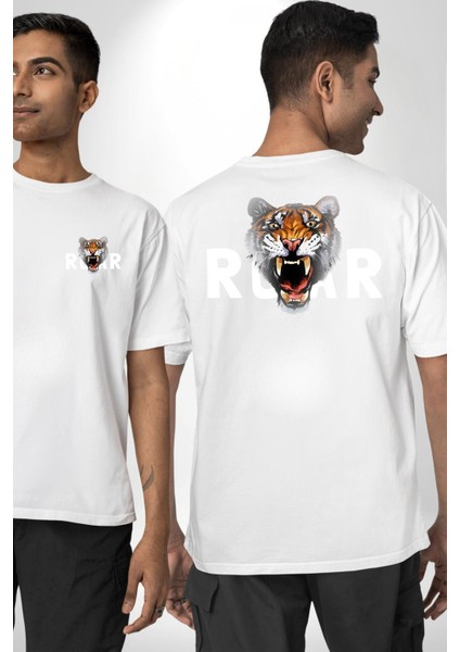 Kükreyen Kaplan Roar Kadın Erkek Ön Minimal Sırt Baskılı Beyaz Pamuklu Tişört fırsatları