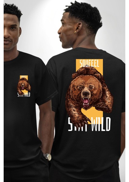 Vahşi Kal Saldırgan Ayı Kadın Erkek Ön Minimal Sırt Baskılı Siyah Pamuklu Tişört