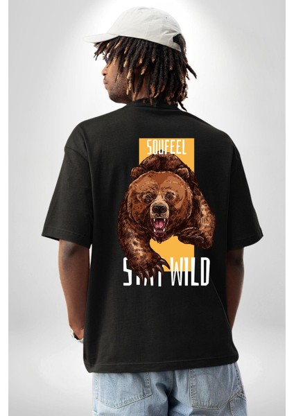 Vahşi Kal Saldırgan Ayı Kadın Erkek Ön Minimal Sırt Baskılı Siyah Pamuklu Tişört fiyatları