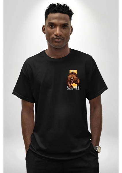 Vahşi Kal Saldırgan Ayı Kadın Erkek Ön Minimal Sırt Baskılı Siyah Pamuklu Tişört modelleri