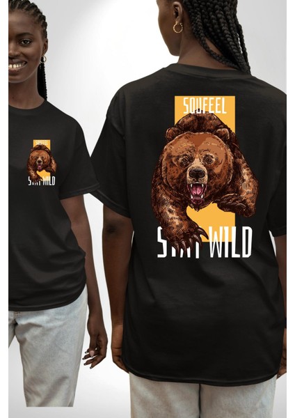 Vahşi Kal Saldırgan Ayı Kadın Erkek Ön Minimal Sırt Baskılı Siyah Pamuklu Tişört fırsatları