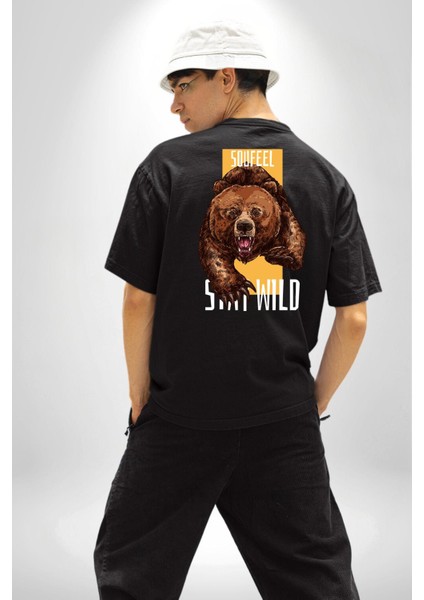 Vahşi Kal Saldırgan Ayı Kadın Erkek Ön Minimal Sırt Baskılı Siyah Pamuklu Tişört indirimleri