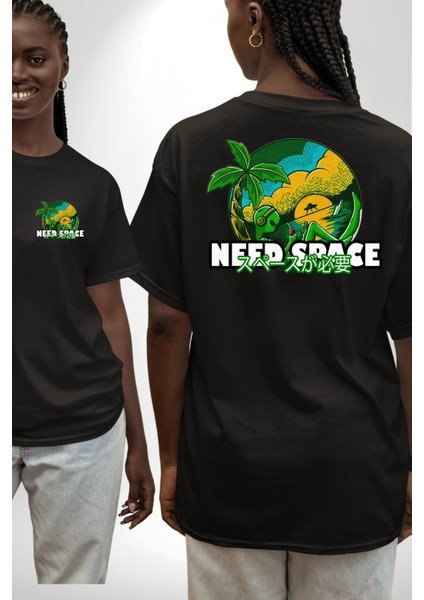 Uzaya Ihtiyaç Var Uzaylı Kadın Erkek Ön Minimal Sırt Baskılı Siyah Pamuklu Tişört