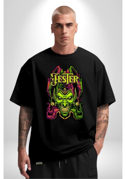 Jester Cadılar Bayramı Karakter Kadın Erkek Ön Baskılı Siyah Pamuklu Tişört Penye Klasik
