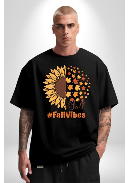 Ay Çiçeği Sonbahar Tutuşları Kadın Erkek Ön Baskılı Siyah Pamuklu Tişört Penye Klasik