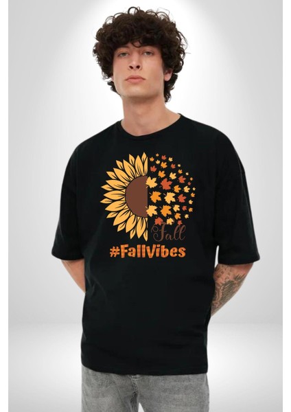 Ay Çiçeği Sonbahar Tutuşları Kadın Erkek Ön Baskılı Siyah Pamuklu Tişört Penye Klasik fiyatları