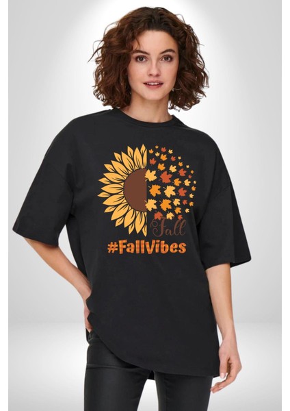 Ay Çiçeği Sonbahar Tutuşları Kadın Erkek Ön Baskılı Siyah Pamuklu Tişört Penye Klasik modelleri
