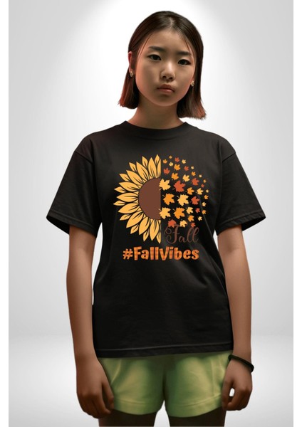 Ay Çiçeği Sonbahar Tutuşları Kadın Erkek Ön Baskılı Siyah Pamuklu Tişört Penye Klasik fırsatları