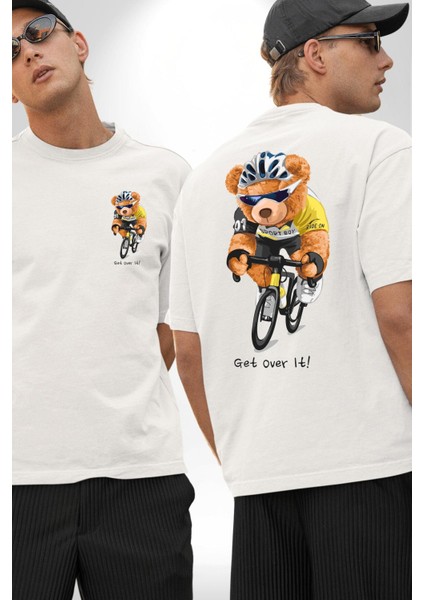 Bisiklet Süren Havalı Oyuncak Ayı Kadın Erkek Ön Minimal Sırt Baskılı Beyaz Pamuklu Tişört