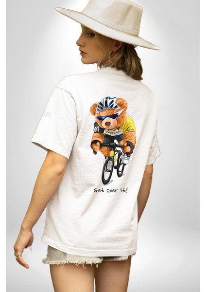 Bisiklet Süren Havalı Oyuncak Ayı Kadın Erkek Ön Minimal Sırt Baskılı Beyaz Pamuklu Tişört fiyatları
