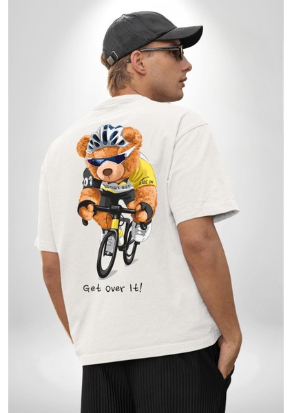 Bisiklet Süren Havalı Oyuncak Ayı Kadın Erkek Ön Minimal Sırt Baskılı Beyaz Pamuklu Tişört indirimleri