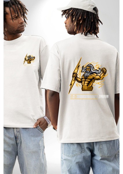 Yunan Tanrısı Zeus Figür Kadın Erkek Ön Minimal Sırt Baskılı Beyaz Pamuklu Tişört