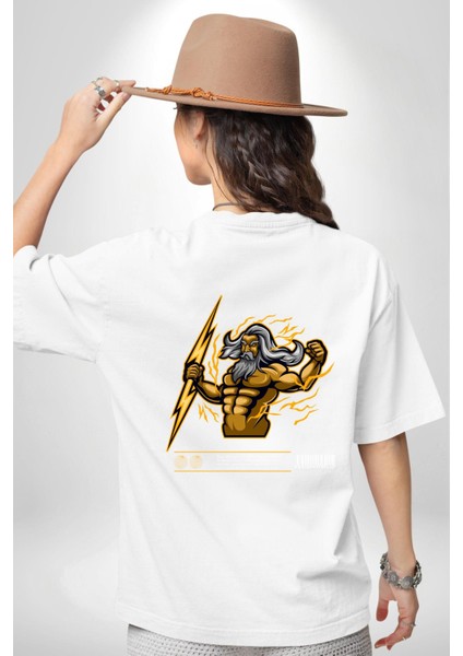 Yunan Tanrısı Zeus Figür Kadın Erkek Ön Minimal Sırt Baskılı Beyaz Pamuklu Tişört fiyatları