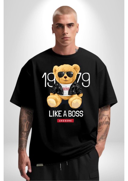 Patron Gibi Oyuncak Ayı Kadın Erkek Ön Baskılı Siyah Pamuklu Tişört Penye Klasik