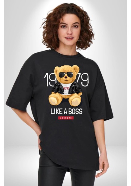 Patron Gibi Oyuncak Ayı Kadın Erkek Ön Baskılı Siyah Pamuklu Tişört Penye Klasik fiyatları