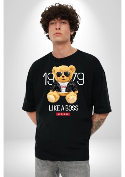 Patron Gibi Oyuncak Ayı Kadın Erkek Ön Baskılı Siyah Pamuklu Tişört Penye Klasik modelleri