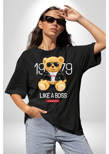 Patron Gibi Oyuncak Ayı Kadın Erkek Ön Baskılı Siyah Pamuklu Tişört Penye Klasik fırsatları