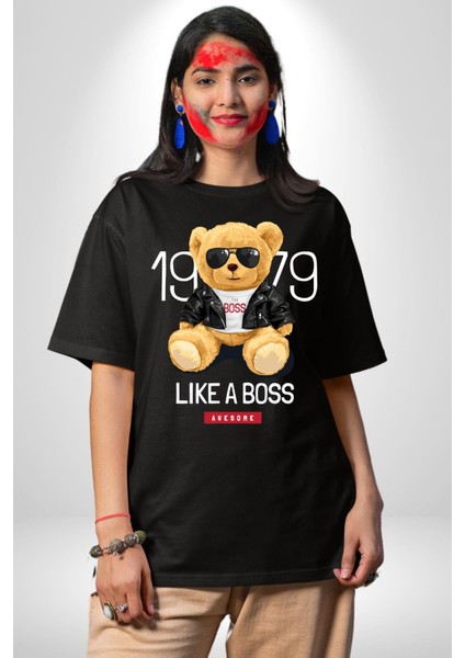 Patron Gibi Oyuncak Ayı Kadın Erkek Ön Baskılı Siyah Pamuklu Tişört Penye Klasik indirimleri