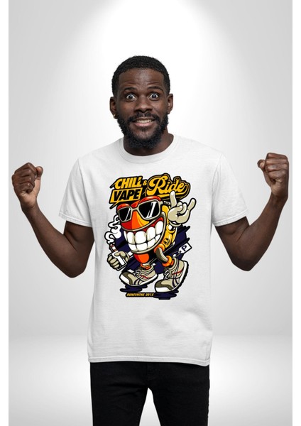 Sakin Ol Vape ve Sür Kadın Erkek Ön Baskılı Beyaz Pamuklu Tişört Penye Klasik