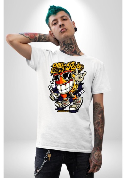 Sakin Ol Vape ve Sür Kadın Erkek Ön Baskılı Beyaz Pamuklu Tişört Penye Klasik modelleri