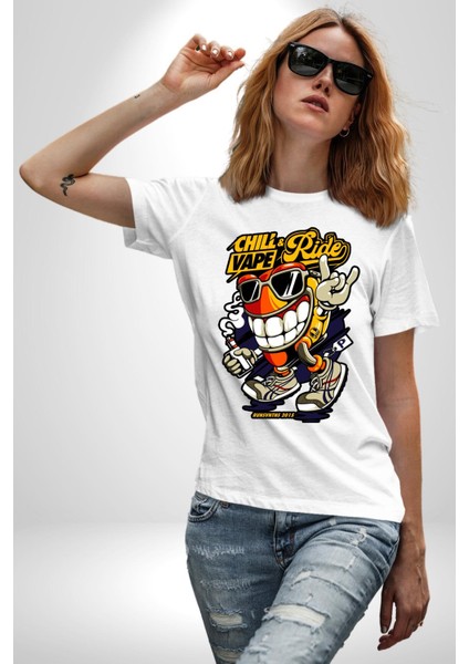 Sakin Ol Vape ve Sür Kadın Erkek Ön Baskılı Beyaz Pamuklu Tişört Penye Klasik fırsatları