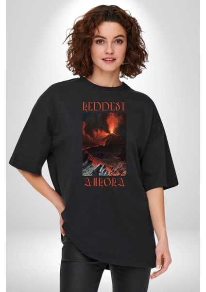 En Kırmızı Aura Yanardağ Kadın Erkek Ön Baskılı Siyah Pamuklu Tişört Penye Klasik fiyatları