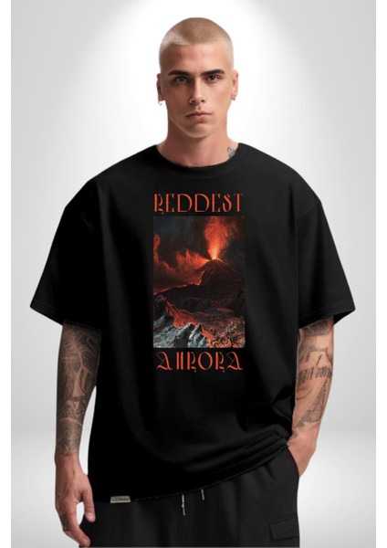 En Kırmızı Aura Yanardağ Kadın Erkek Ön Baskılı Siyah Pamuklu Tişört Penye Klasik modelleri