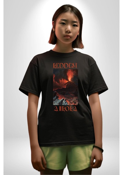 En Kırmızı Aura Yanardağ Kadın Erkek Ön Baskılı Siyah Pamuklu Tişört Penye Klasik indirimleri