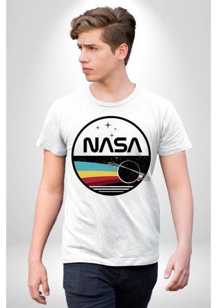 Uzay Satürn Logo Yıldızlar Kadın Erkek Ön Baskılı Beyaz Pamuklu Tişört Penye Klasik