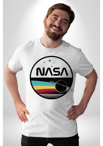 Uzay Satürn Logo Yıldızlar Kadın Erkek Ön Baskılı Beyaz Pamuklu Tişört Penye Klasik fiyatları